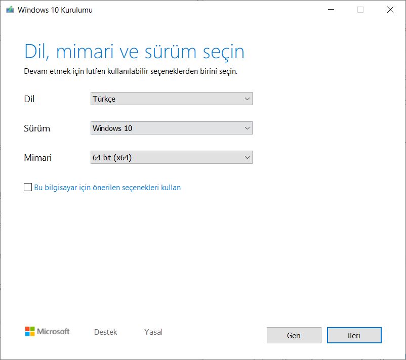 Windows 10 pro usb/dvd indirme aracı